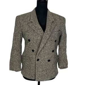 FIRENZA Women Husky Wool 3/4 Sleeve Herringbone Pattern Blazer Sz S Gray 51-21
